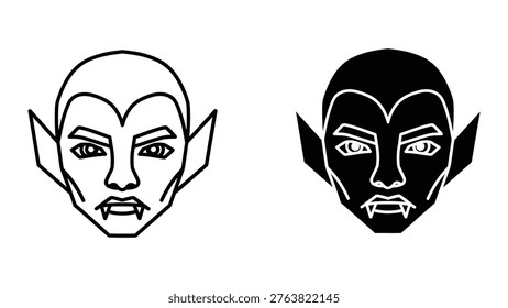 The image shows two stylized depictions of a vampiric face side by side. The left depiction is a light outline with detailed internal features, while the right is a stark black silhouette with minimal internal detailing. Both illustrations emphasize sharp, pointed ears, hollow eyes, and a fanged smile, capturing the essence of a vampire in contrasting artistic styles.