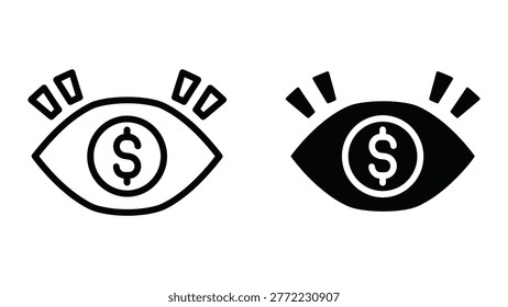 The image shows two stylized eyes with dollar signs inside them. The left eye is light-colored with a simple outline and a basic dollar sign, while the right eye is filled in black with a more pronounced dollar sign and radiating lines, suggesting surveillance or intense focus on financial matters.