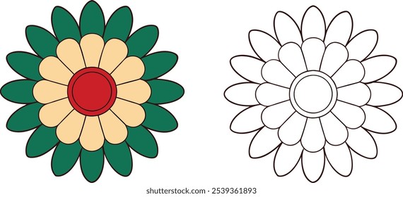 The image shows two stylized flowers, one with a colorful design and one outlined. The colored flower has green petals with a yellow center and red circle in the middle.