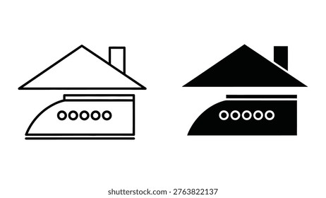 The image shows two stylized houses side by side, each with a different color scheme. The house on the left is outlined in a light color with an empty interior, while the house on the right is filled with a solid dark color. Both houses have a similar triangular roof design and a rectangular base with circular windows.