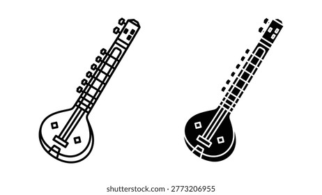 The image shows two stylized illustrations of traditional Indian string instruments, specifically the sitar. The left illustration is in a white outline on a plain background, while the right illustration is filled in solid black with a white outline. Both instruments are shown with their characteristic long necks, resonating chambers, and symmetrical decorative patterns.