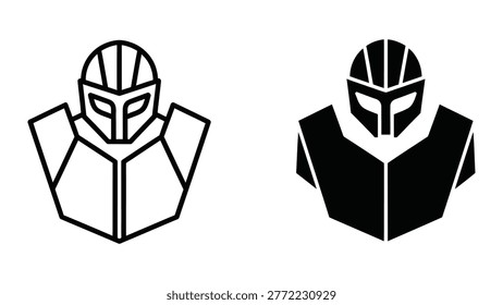 The image shows two stylized representations of futuristic armored suits and helmets positioned side by side. The left side features a white outline version, while the right side displays a solid black version. Both designs include a helmet with a prominent visor and a suit with geometric patterns and angular lines, suggesting advanced protective or tactical gear.