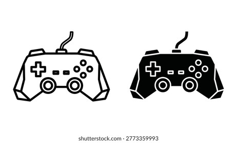 The image shows two stylized representations of classic video game controllers. The controller on the left is a detailed, outlined design with visible buttons, joysticks, and analog sticks, while the one on the right is a solid black silhouette with white button outlines. Both controllers are depicted with their respective cords extending upwards, emphasizing their traditional wired design.