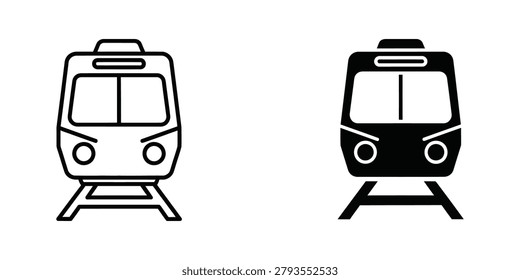 The image shows two stylized train icons facing the viewer, with one depicted in a light outline and the other in a solid black fill. Both trains are positioned on parallel railway tracks, emphasizing their front views and headlights.