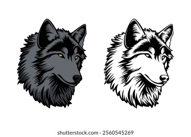 The image shows two stylized wolf head illustrations, one in color and the other in black and white, highlighting the detailed fur and facial features.