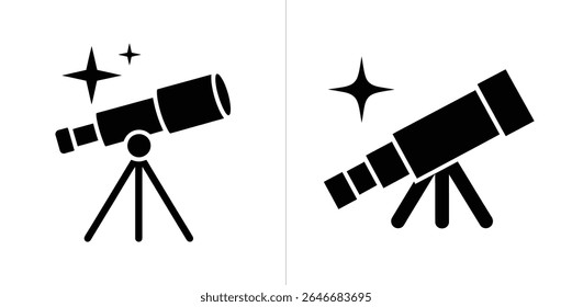 A imagem mostra duas ilustrações em silhueta do telescópio em branco. Cada telescópio preto aponta para cima em direção a uma única estrela ou par, sugerindo observação astronômica e descoberta.