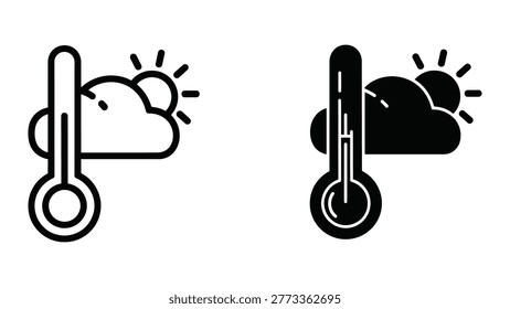 The image shows two thermometer icons side-by-side, each paired with a weather symbol. The thermometer on the left is surrounded by a sun and cloud symbol indicating warm weather, while the thermometer on the right is paired with a cloud and rain symbol indicating cooler or rainy weather. Both icons are designed in a simple, minimalistic style.