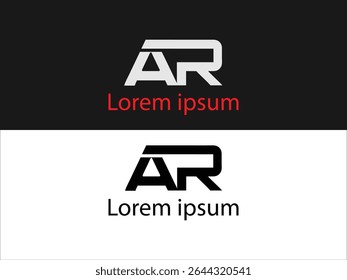 The image shows two variations of a logo design featuring the letters AR The first version displays the letters in grey and white on a black background  