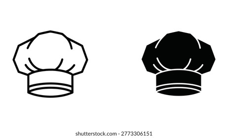 The image shows two variations of a traditional chef hat. The hat on the left is depicted in a light, possibly white or beige color with a simple outline, while the hat on the right is shown in a solid black color. Both hats have the characteristic pleats and cylindrical base associated with chef's hats.