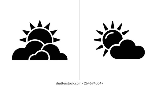 Uma imagem mostra dois ícones de tempo com um sol obscurecido por nuvens, com raios emanando do sol, contra um fundo branco limpo. Ambas são formas pretas sólidas.