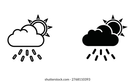 The image shows two weather icons side by side. The left icon depicts a mix of sun and clouds with light rain falling, indicating partly sunny and partly rainy weather. The right icon shows a darker cloud with rain, symbolizing a more overcast and rainy condition. Both icons emphasize different variations of cloudy and rainy weather patterns.