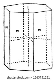 The image shows the union of the vertices at the midpoint of a hexagonal prism, vintage line drawing or engraving illustration.