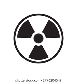 The image shows a universally recognized radiation hazard symbol featuring three black, evenly spaced triangular shapes converging at a central white circle, all set against a plain white background. .