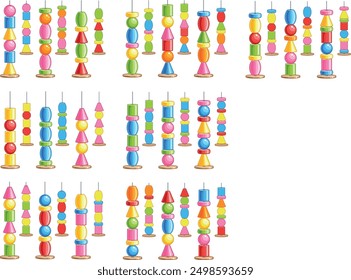 The image shows a variety of colorful beads arranged in a row on sticks and placed on wooden bases. The beads have different shapes such as cones, cylinders, spheres, and ovals, and come in various