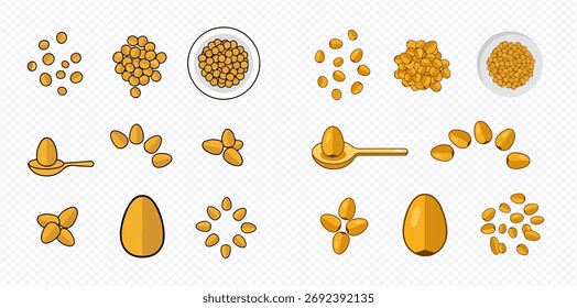 The image shows various arrangements of golden seeds and eggs.