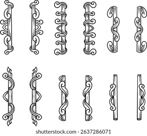The image shows various kinds of spiral decorative ornament designs.Used for Luxury vintage frame set, retro label collection, royal wedding emblem, invitation card. Vector protected.	