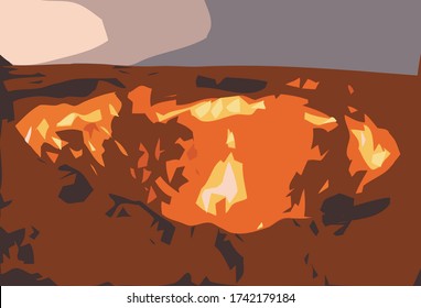 The image shows a volcanic crater, about to detonate all its power. From its circular basin it is possible to see the spillage of magmas and the crackling of lava, while the sky assists colored by ash