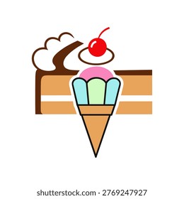 The image shows a whimsical illustration of a slice of layered cake topped with a triple-scoop ice cream cone. The ice cream has three scoops in light blue and mint green colors, topped with a cherry and a swirl of pink whipped cream. The illustration also features a waffle cone and a cherry on top of the ice cream, giving it a playful and appetizing look.