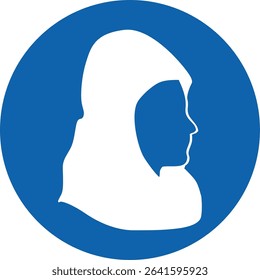 The image shows a white silhouette of a woman in profile wearing a hijab, centered on a solid blue circular background