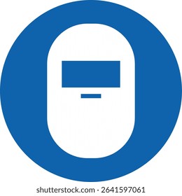 The image shows a white welding mask icon centered in a blue circle, typically used as a mandatory safety sign for welding protection