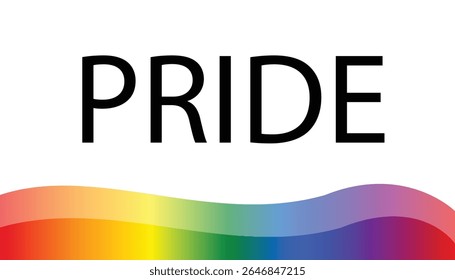 The image shows the word PRIDE in bold black uppercase text on a white background, with a wavy horizontal band of rainbow colors (red, orange, yellow, green, blue, and violet) beneath it, symbolizing 