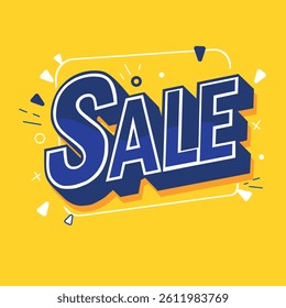 Image shows the word SALE, blue letters with a white outline and a yellow background.Includes various geometric elements and lines around the word, which adds dynamics.Vector illustrator EPS 10