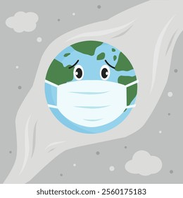 The image shows a worried Earth wearing a medical mask, symbolizing the impact of air pollution. The cloudy background represents the harmful effects of emissions and pollutants on the environment