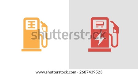 Image shows yellow fuel pump icon on the left and a red electric charge pump icon on right, isolated on white. These icons are ideal for signs and symbols.