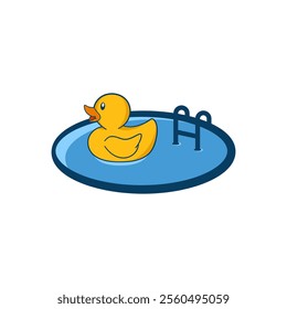 The image shows a yellow rubber duck floating in a small, round blue pool with a ladder on the side.