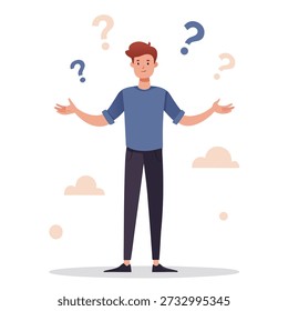 Image shows a young man with open arms, seemingly pondering decisions. Several question marks float around him, symbolizing uncertainty and the quest for answers.