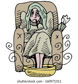 Imagen de una persona enferma que intenta mantenerse caliente.