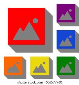Image sign illustration. Set of red, orange, yellow, green, blue and violet icons at white background with flat shadow.