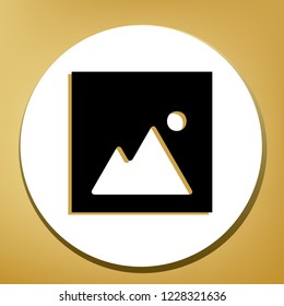 Image sign illustration. Vector. Black icon with light brown shadow in white circle with shaped ring at golden background.