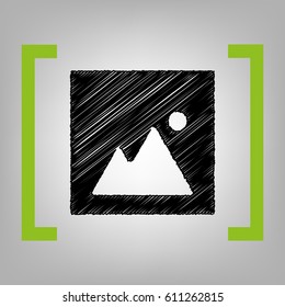 Image sign illustration. Vector. Black scribble icon in citron brackets on grayish background.