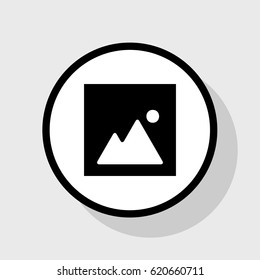 Image sign illustration. Vector. Flat black icon in white circle with shadow at gray background.