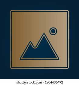 Image sign illustration. Vector. Golden icon and border at dark cyan background.