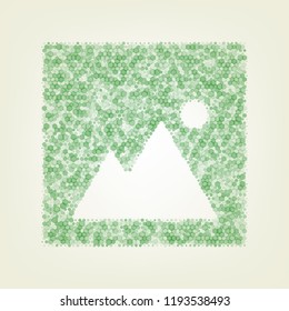 Image sign illustration. Vector. Green hexagon rastered icon and noised opacity and size at light green background with central light.