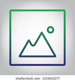 Image sign illustration. Vector. Green to blue gradient contour icon at grayish background with light in center.