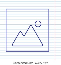 Image sign illustration. Vector. Navy line icon on notebook paper as background with red line for field.