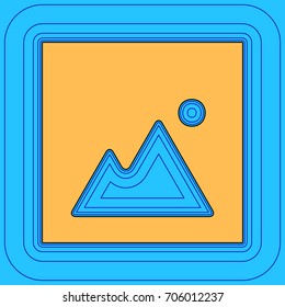 Image sign illustration. Vector. Sand color icon with black contour and equidistant blue contours like field at sky blue background. Like waves on map - island in ocean or sea.
