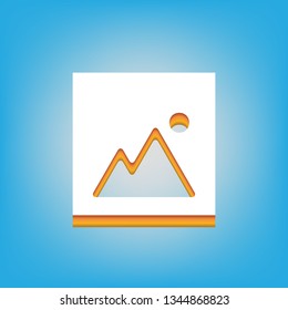 Image sign illustration. Vector. White icon with 3d warm-colored gradient body at sky blue background.