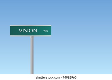 Image of a sign to "Vision Way" against a colorful blue sky background.