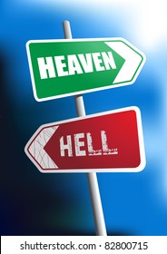 Image of signboard showing the direction to heaven and hell