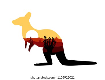 Image silhouette of australian kangaroo with desert bush.