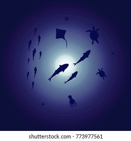 Image of silhouette of fish, octopus, cramp-fish and 
starfish in sea water. vector illustration