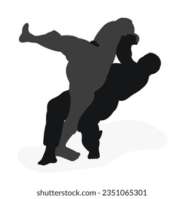 Image silhouette judoka. Judo, martial art, sportsmanship, wrestling, duel, grappling, combating, fighting, struggle