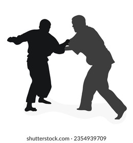 Image silhouette judoka. Judo, martial art, sportsmanship, wrestling, duel, grappling, combating, fighting, struggle