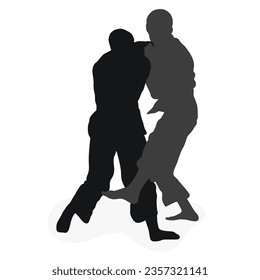 Image silhouette judoka. Judo, martial art, sportsmanship, wrestling, duel, grappling, combating, fighting, struggle