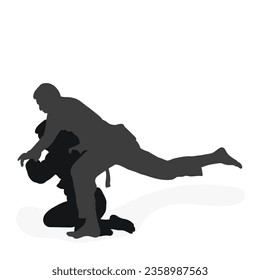 Image silhouette judoka. Judo, martial art, sportsmanship, wrestling, duel, grappling, combating, fighting, struggle