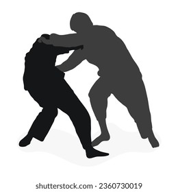 Image silhouette judoka. Judo, martial art, sportsmanship, wrestling, duel, grappling, combating, fighting, struggle